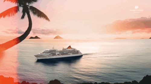 Schiff fährt an Palmen vorbei