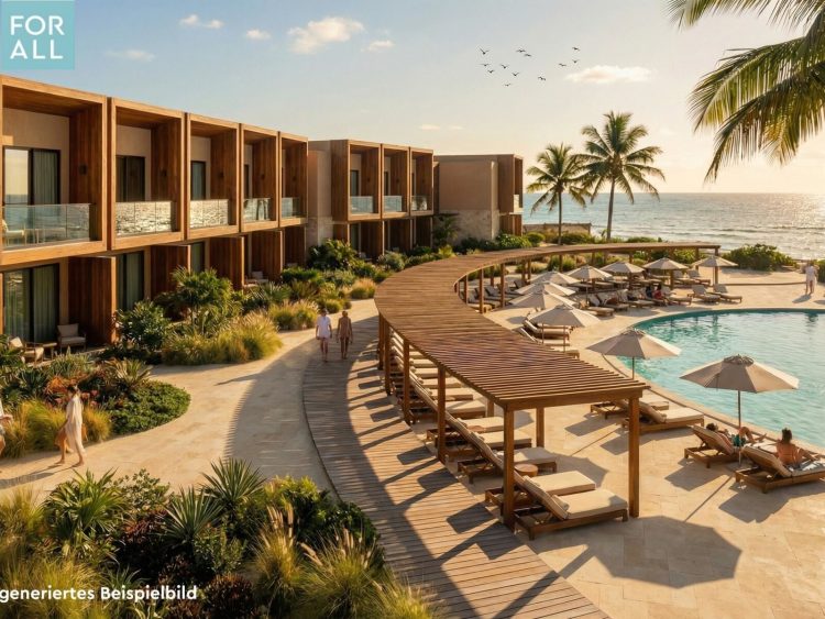 Blick auf den modernen Pool und die modernen Zimer mit Balkon in Container Bauweise im Hintergrund der schöne Sandstrand