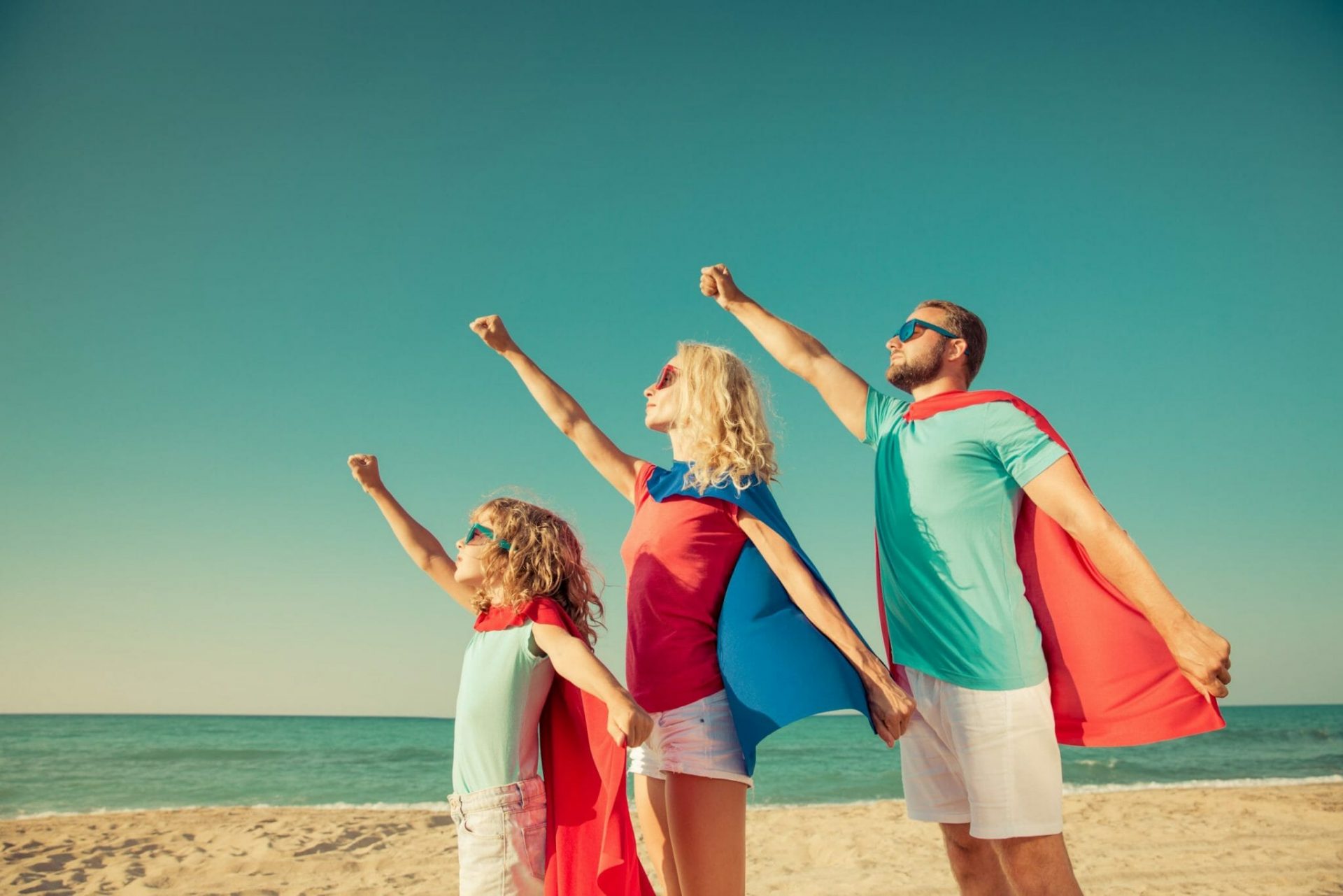 Ready,To,Travel!,Family,Of,Superheroes,On,The,Beach.,Child,